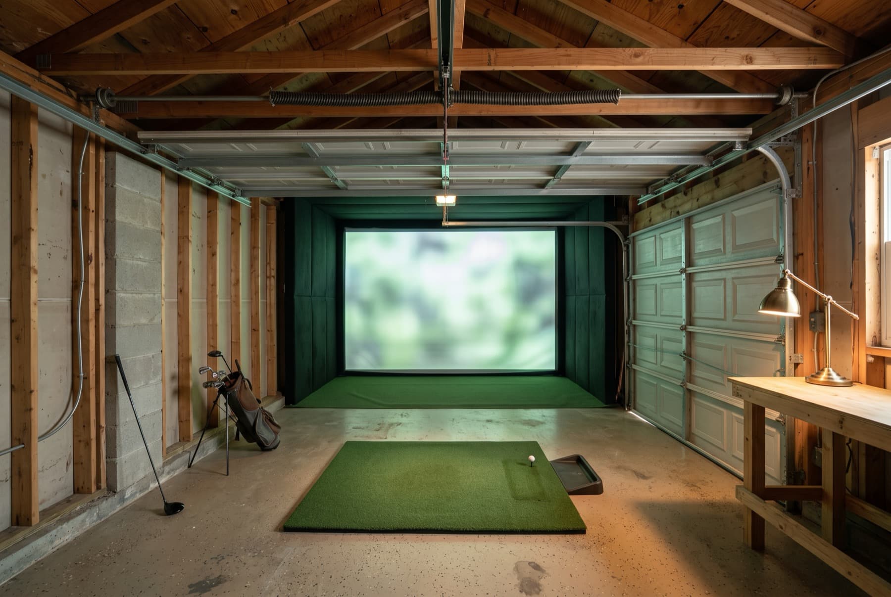 A two-car garage set up for golf, with the sectional door track and torsion spring crossing the ceiling directly above the hitting mat.