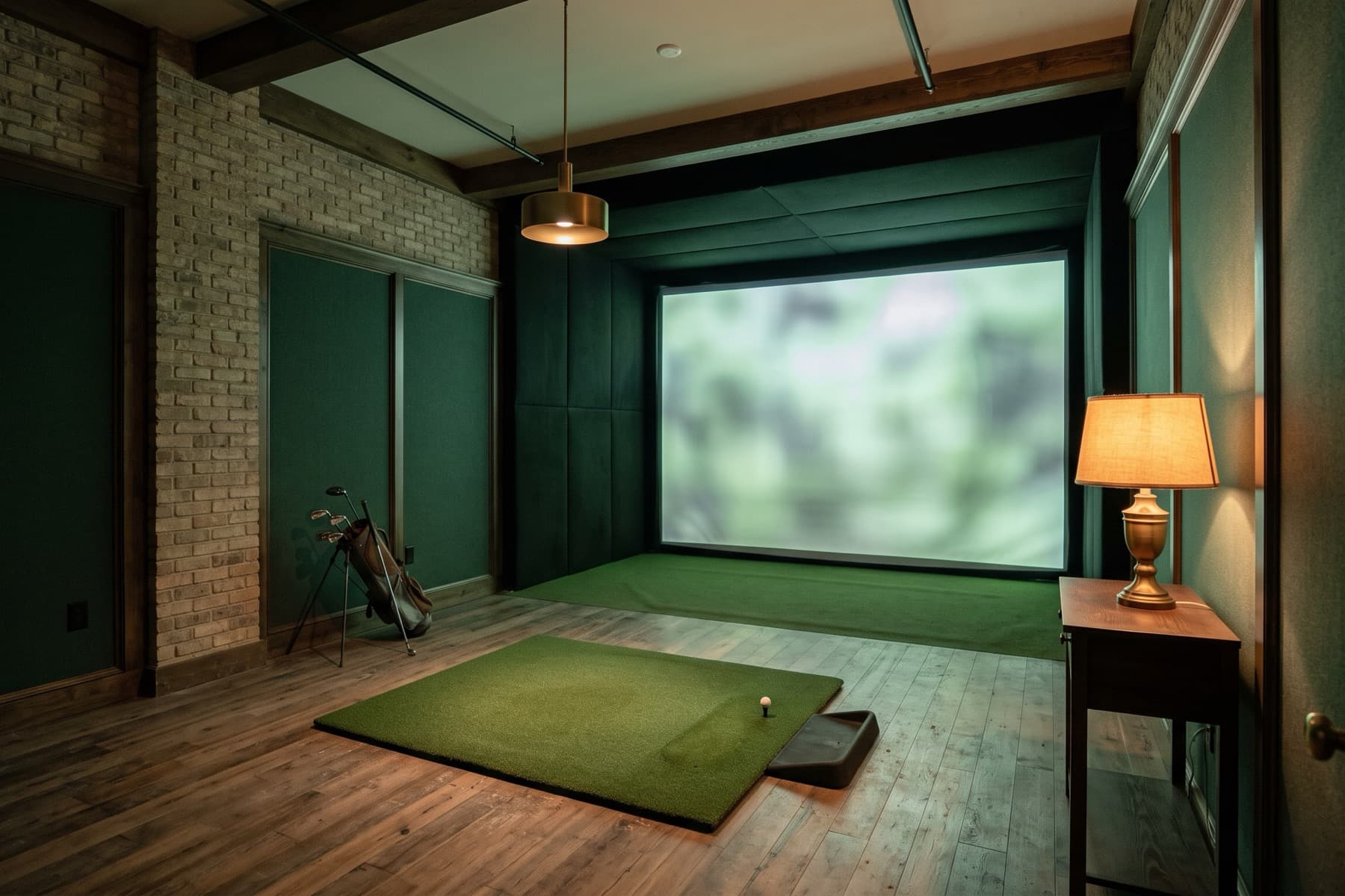 A purpose-built golf studio with panelled walls, brass fittings and a mat set well back from a large screen.